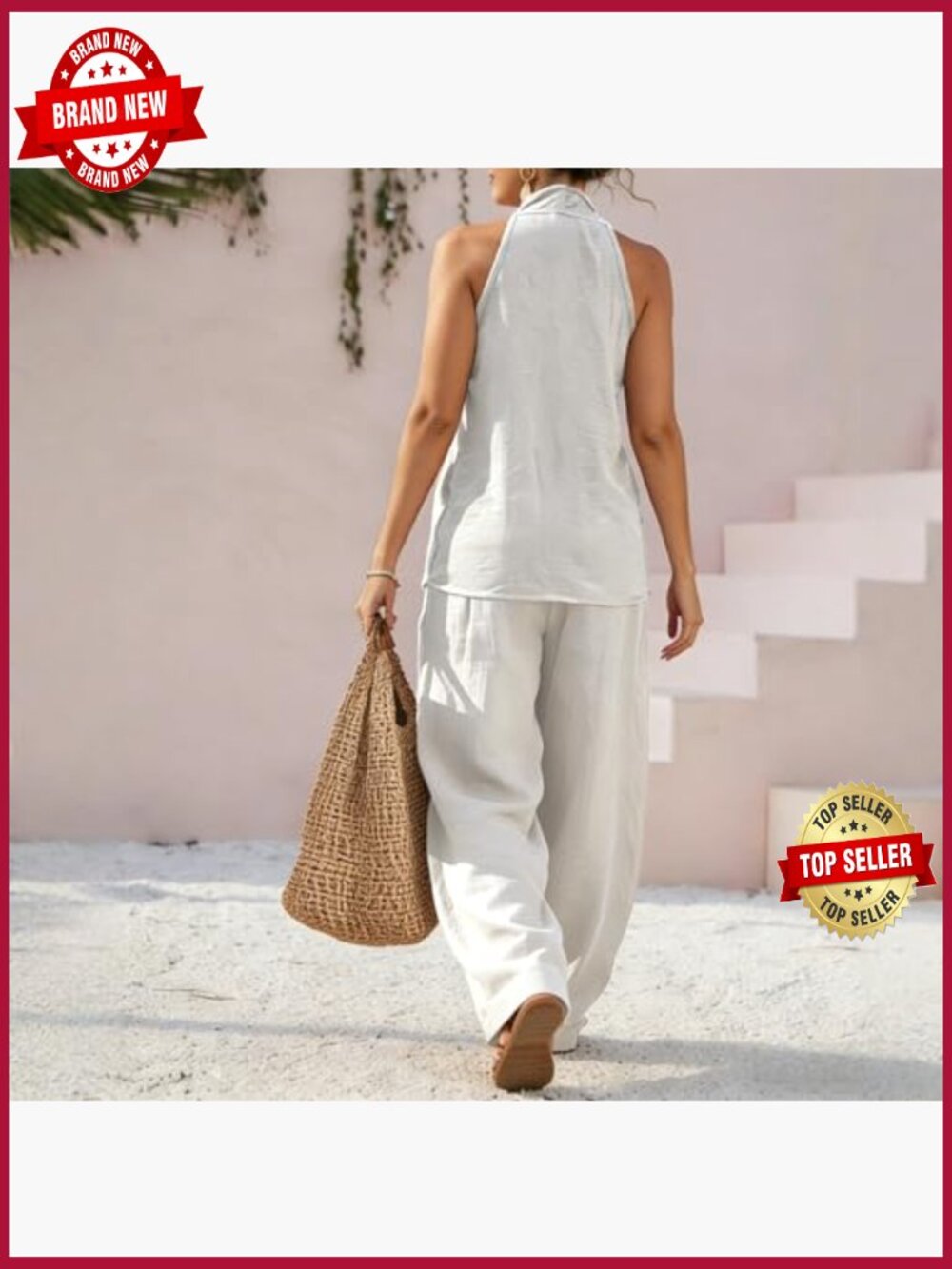 Linen 2 Piece Sleeveless V Neck Halter Top Wide Leg Pants Summer Lounge Set - Picture 4 of 6
